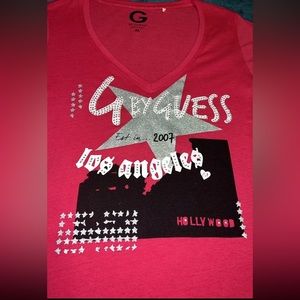 Hot Pink G By GUESS Hollywood Stars Rhinestone Studded Logo T-Shirt Top Womens